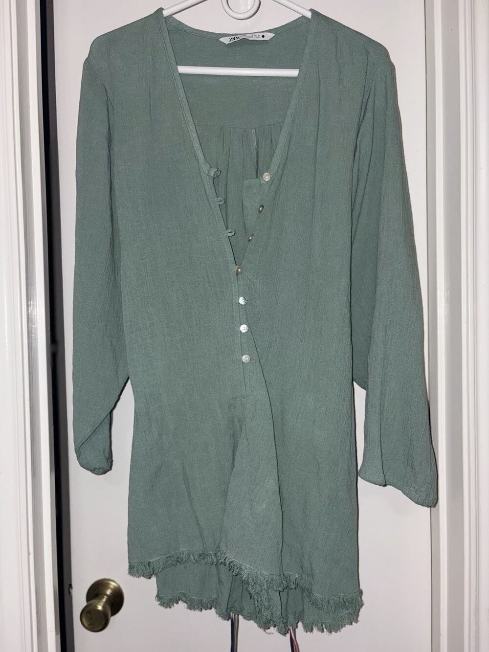 ⁠Zara Mumbai Belted Rustic Romper Jumpsuit Sage Green Gauze Frayed XS 1821/042
